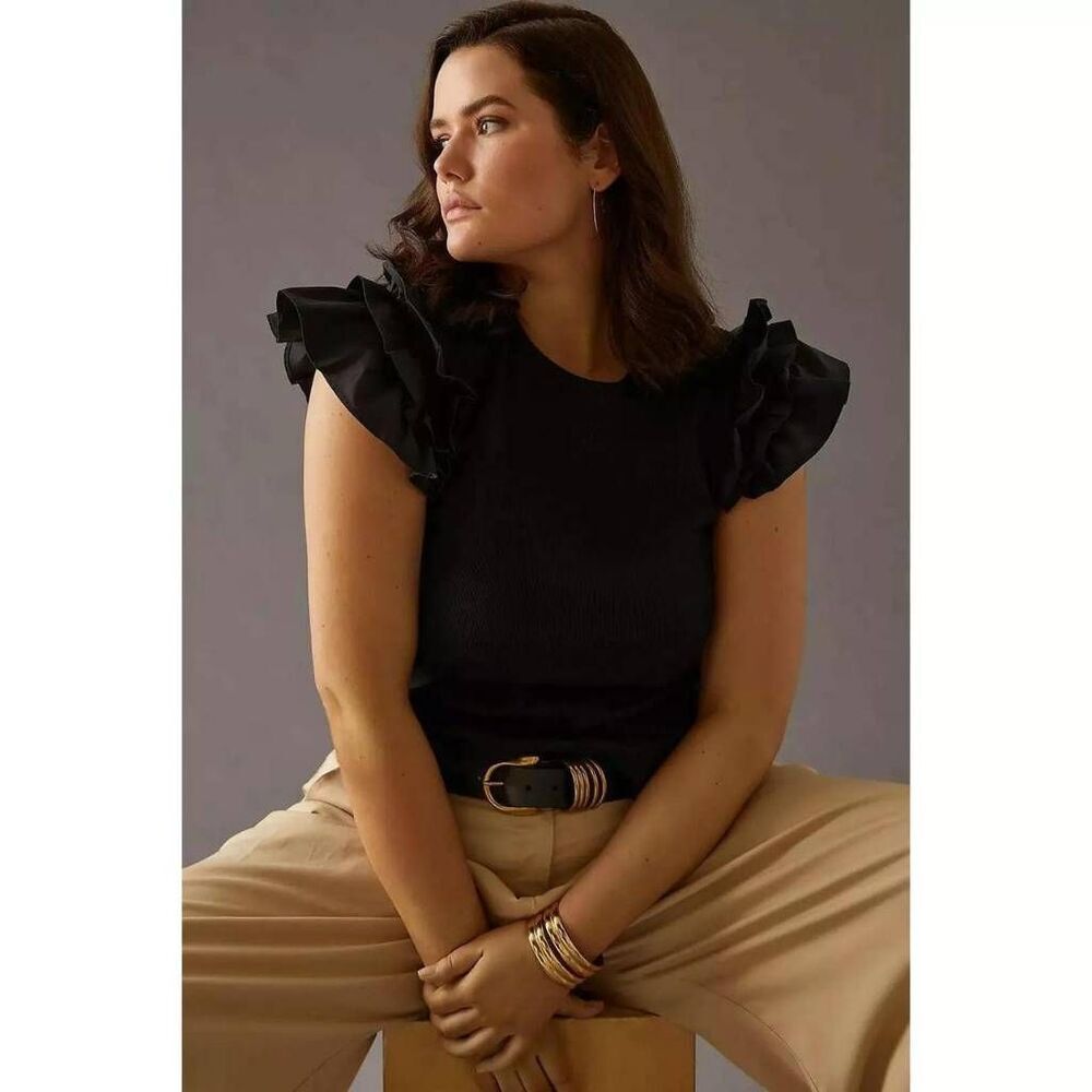 By Anthropologie Woven Ruffle Ribbed Top Black XL Femme Contemporary Minimalist
